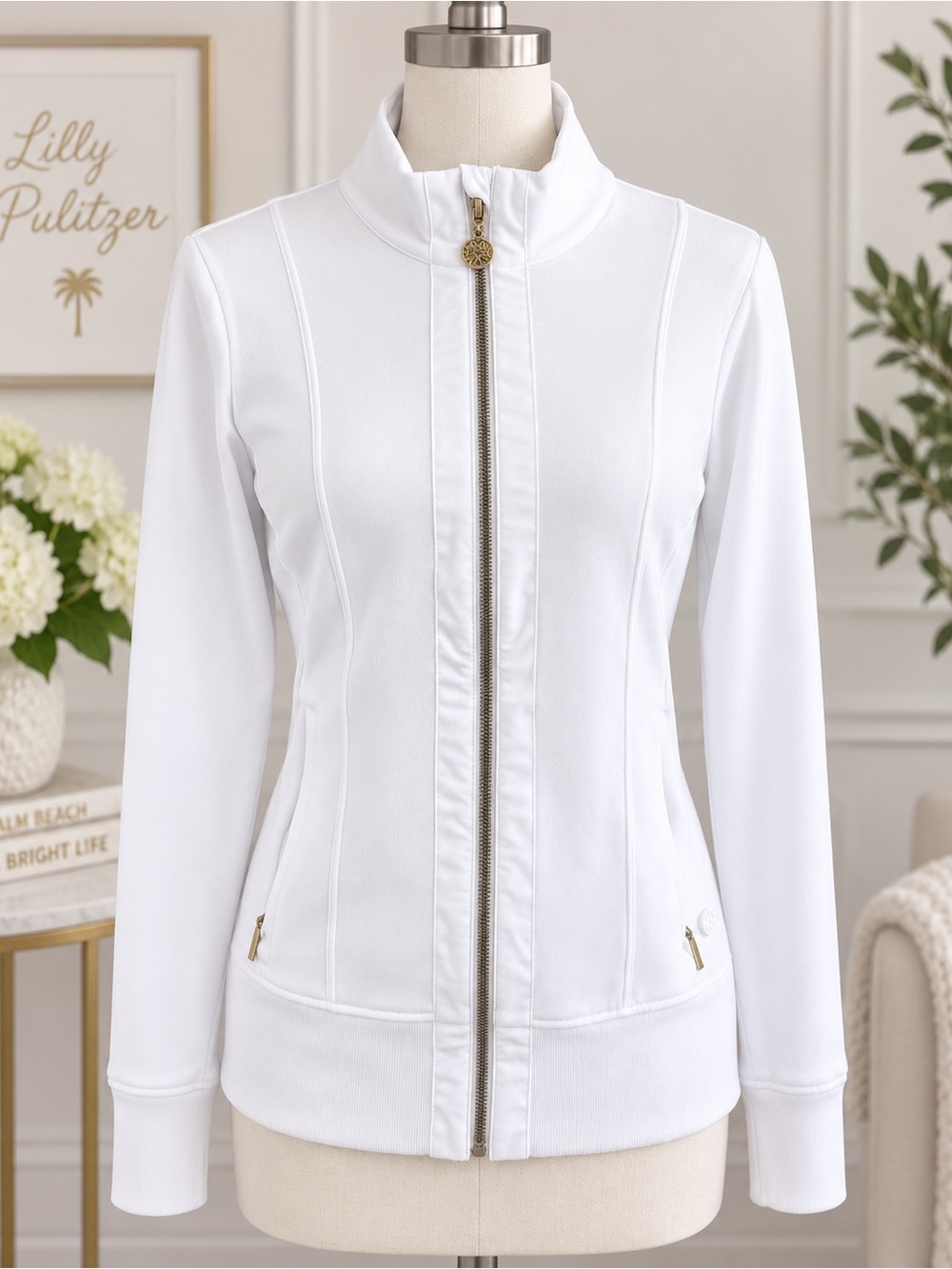 Lilly Pulitzer White Full Zip Jacket Preppy Athleisure Resort Style SZ Large
